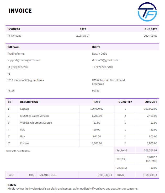 Mileage Invoice